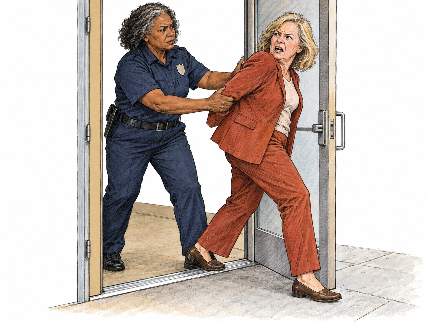 A security guard physically escorts a resisting adult out through an open building doorway, visibly forcing her across the threshold.