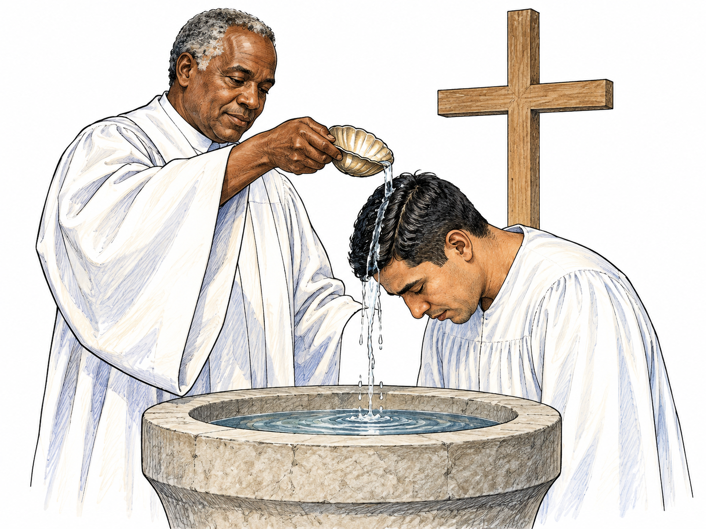 Christian baptism ceremony at simple stone font: minister pours small scoop of water over bowed adult candidate head, clear water stream, modest wooden cross behind, both calm reverent.