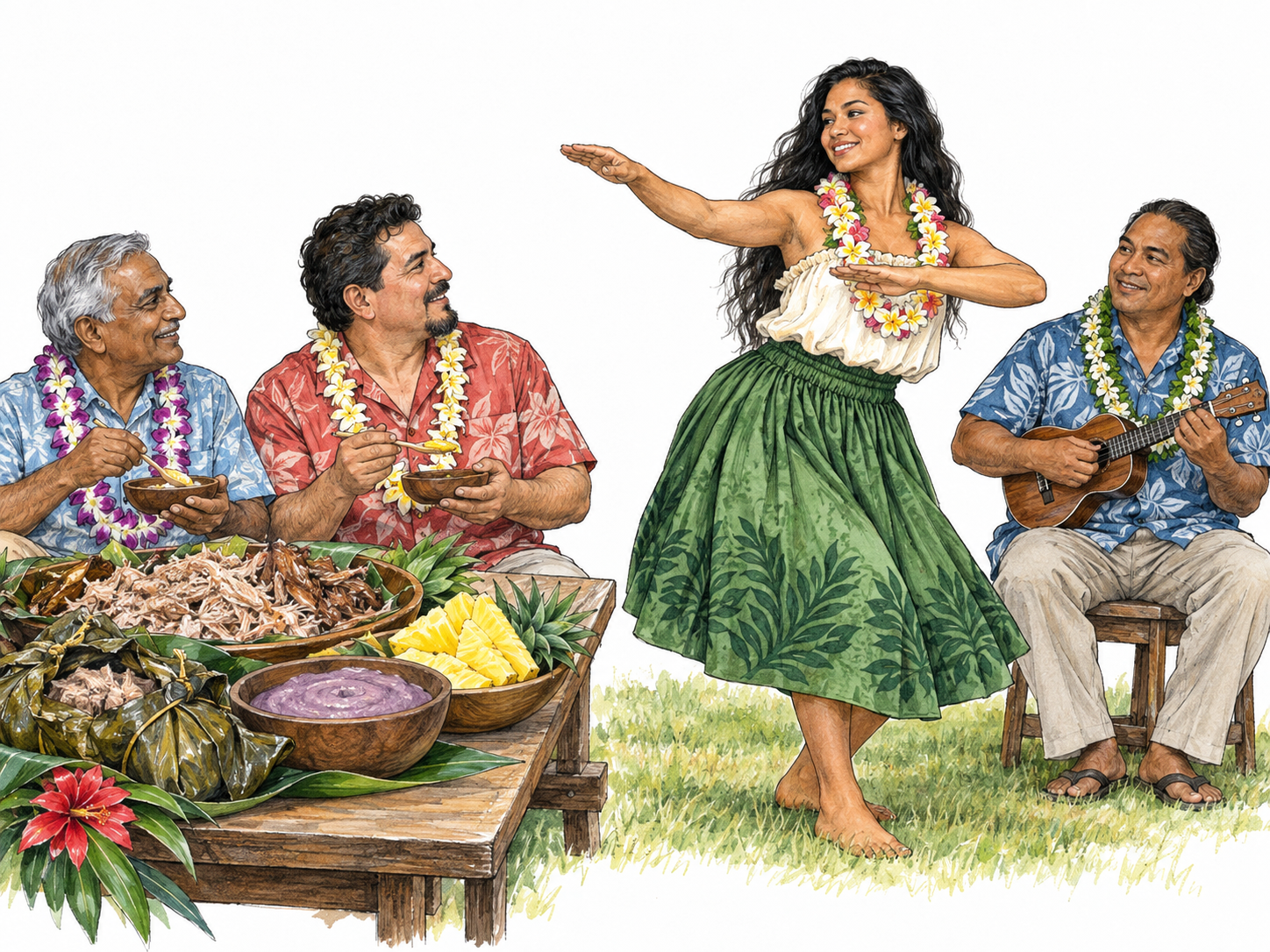 A contemporary Hawaiian outdoor feast: two guests enjoy poi, laulau and roast pork while a hula dancer performs beside an ʻukulele player.