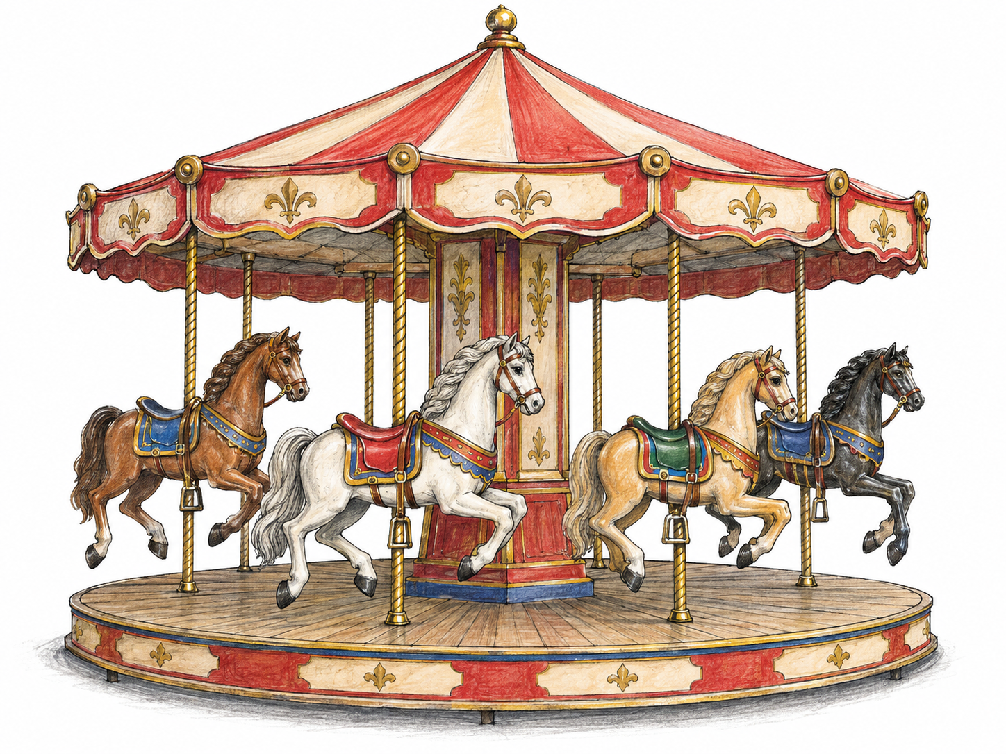 A recognizable fairground carousel with painted horses mounted on poles around a circular rotating platform beneath a striped canopy; no people are necessary.