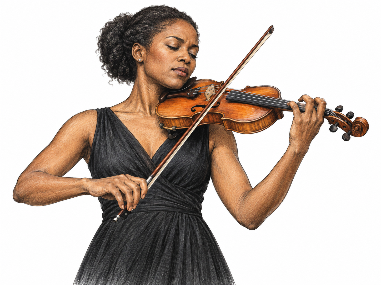 Highly skilled violinist performs poised difficult passage with confident precise bowing and left-hand fingering, serene mastery visible; realistic instrument, no stage or applause crowd.