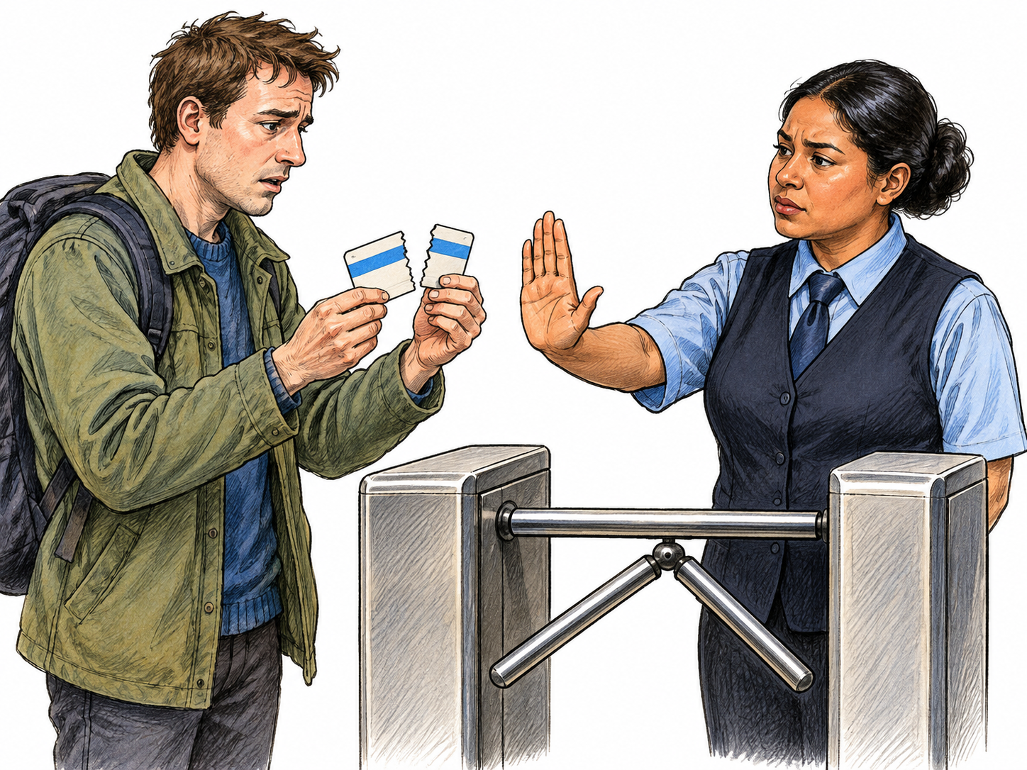 A traveler presents a visibly broken ticket split into two mismatched pieces; an attendant gently rejects it with an open palm while a simple closed gate remains shut; no lettering or dates.