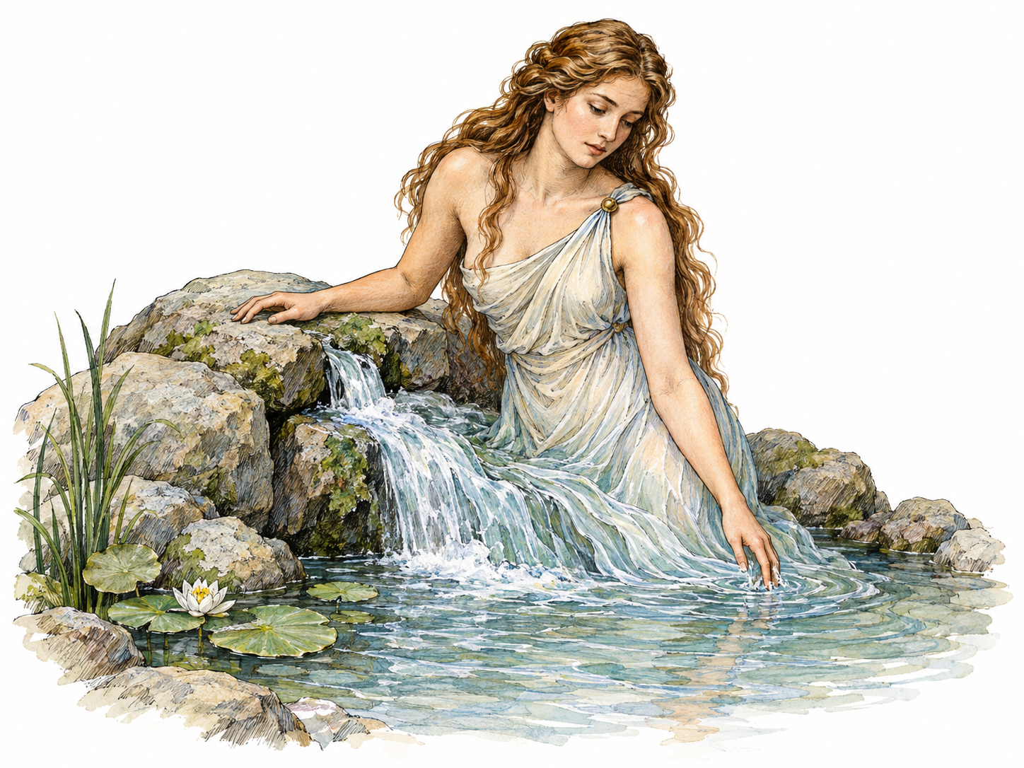 A Greek freshwater nymph emerges from a small rocky spring, her human figure and flowing classical drapery joining the stream at its source.