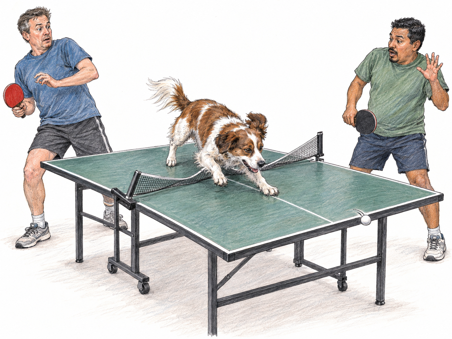 A loose dog races across a table-tennis game and knocks over the net, forcing both players to stop mid-play and recoil.