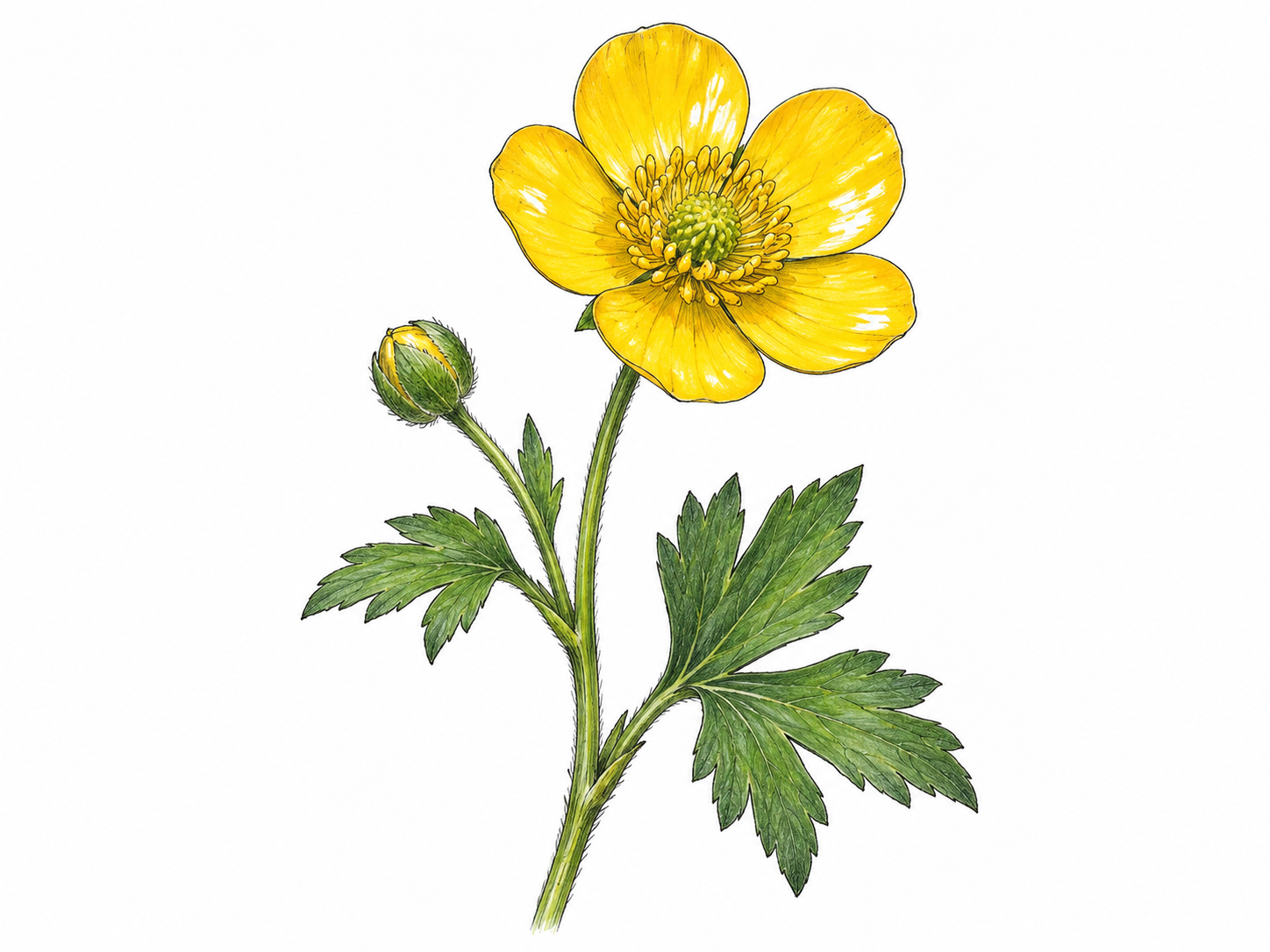 Single buttercup stem with five glossy yellow petals, green lobed leaves and natural flower center; accurate small wildflower, no butter dish or background meadow.