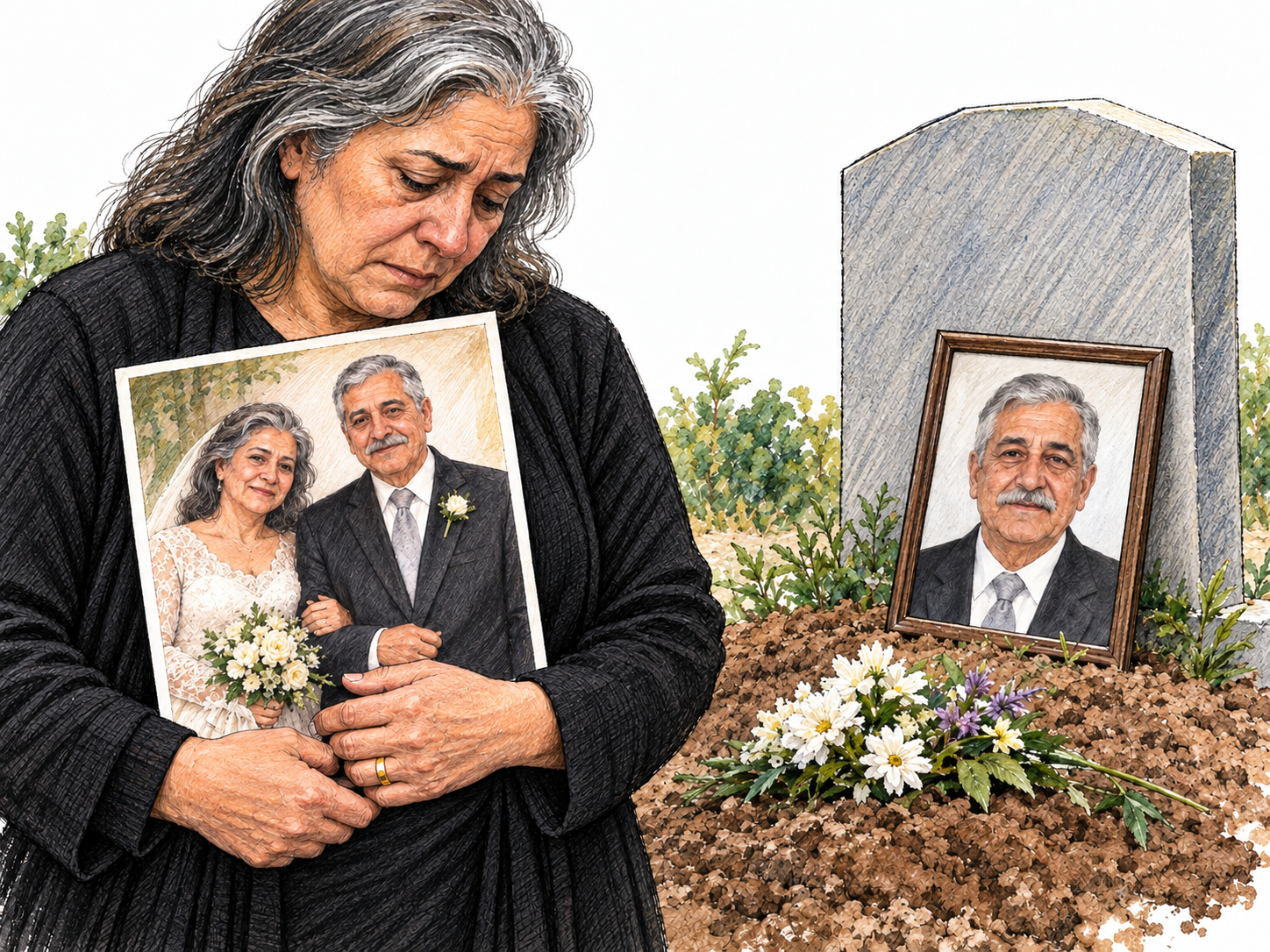 A newly bereaved woman stands alone beside a fresh grave, holding a wedding photograph showing herself and the man pictured in the grave's memorial portrait.