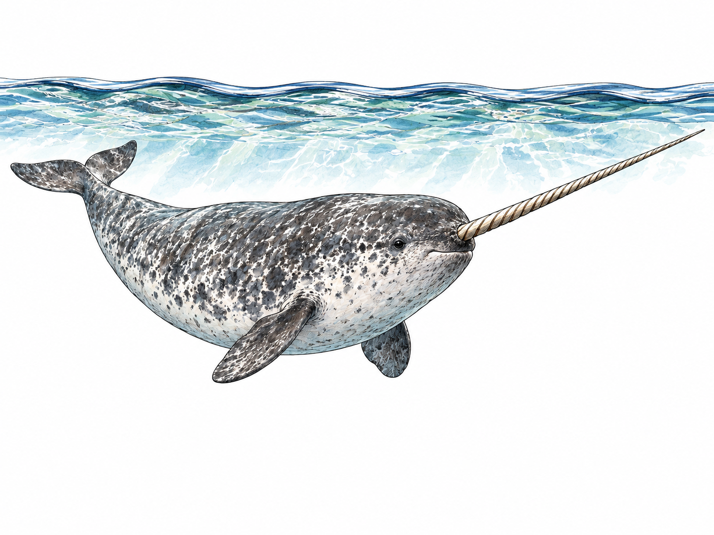 A male narwhal swims just beneath an Arctic water surface, mottled gray body, no dorsal fin and one long spiraled tusk extending from the upper jaw; not a forehead horn.