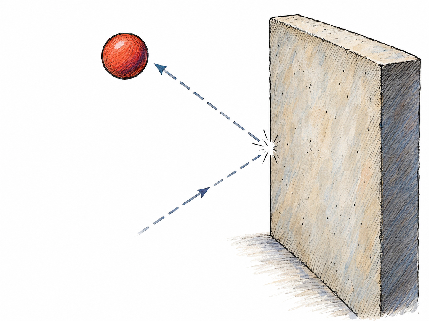 A single rubber ball ricochets diagonally off a solid wall.