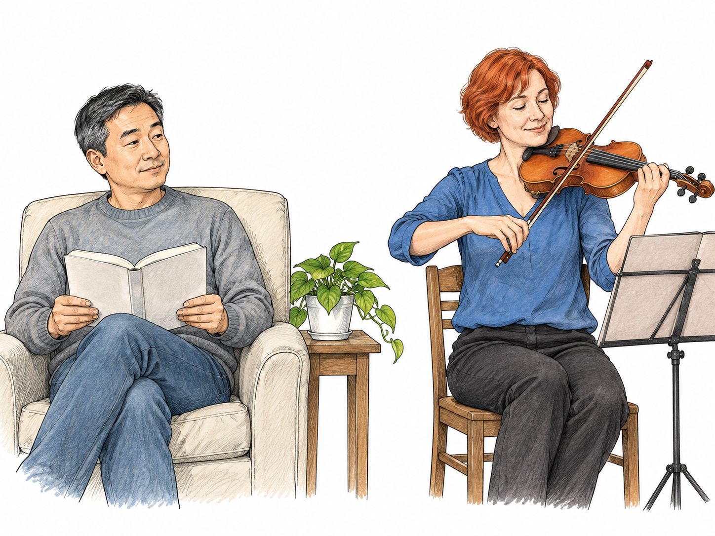 Two neighbors discuss opposing preferences for music: woman gently practicing violin nearby while man calmly continues reading blank book with patient accepting expression despite slight distraction.
