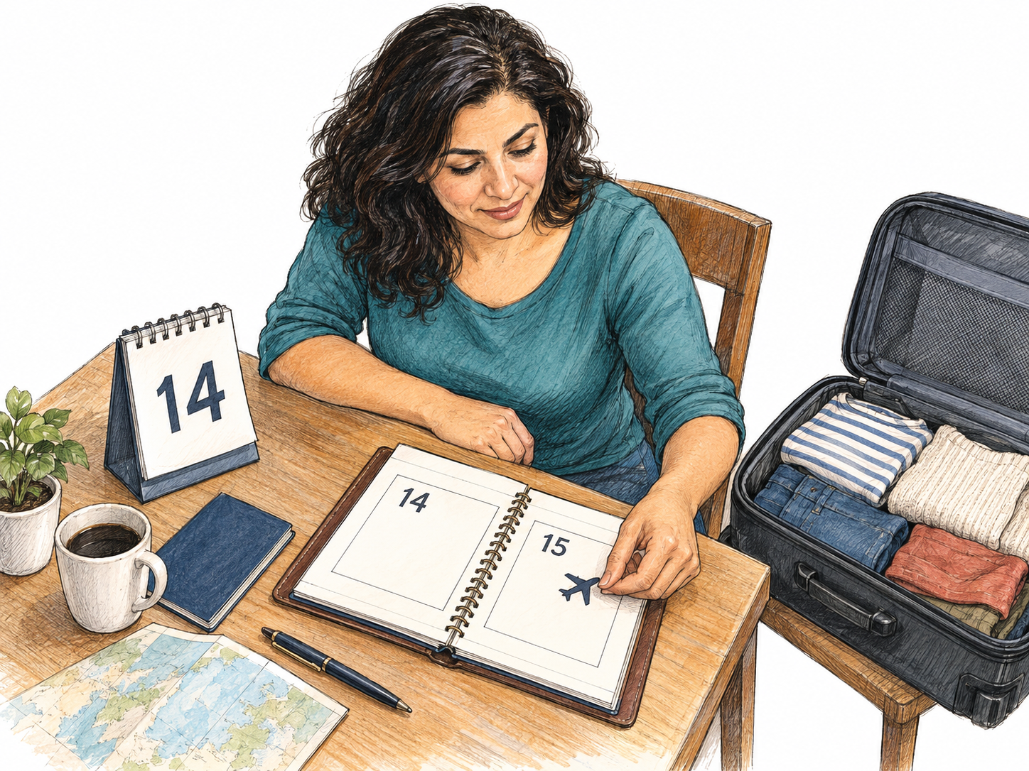 Scheduling a flight for the immediately following day: a current-day desk calendar shows 14 while a woman places an airplane appointment sticker in the adjacent date-15 square of her planner, beside a packed suitcase.