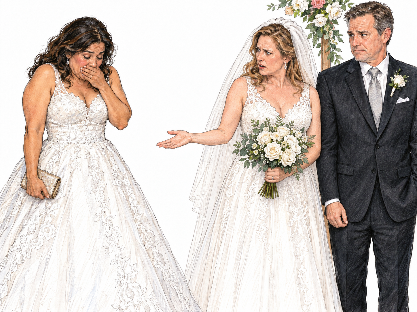 A wedding guest commits a conspicuous social faux pas by arriving in a bridal-looking white gown; beside the actual bride and groom, she realizes her mistake.