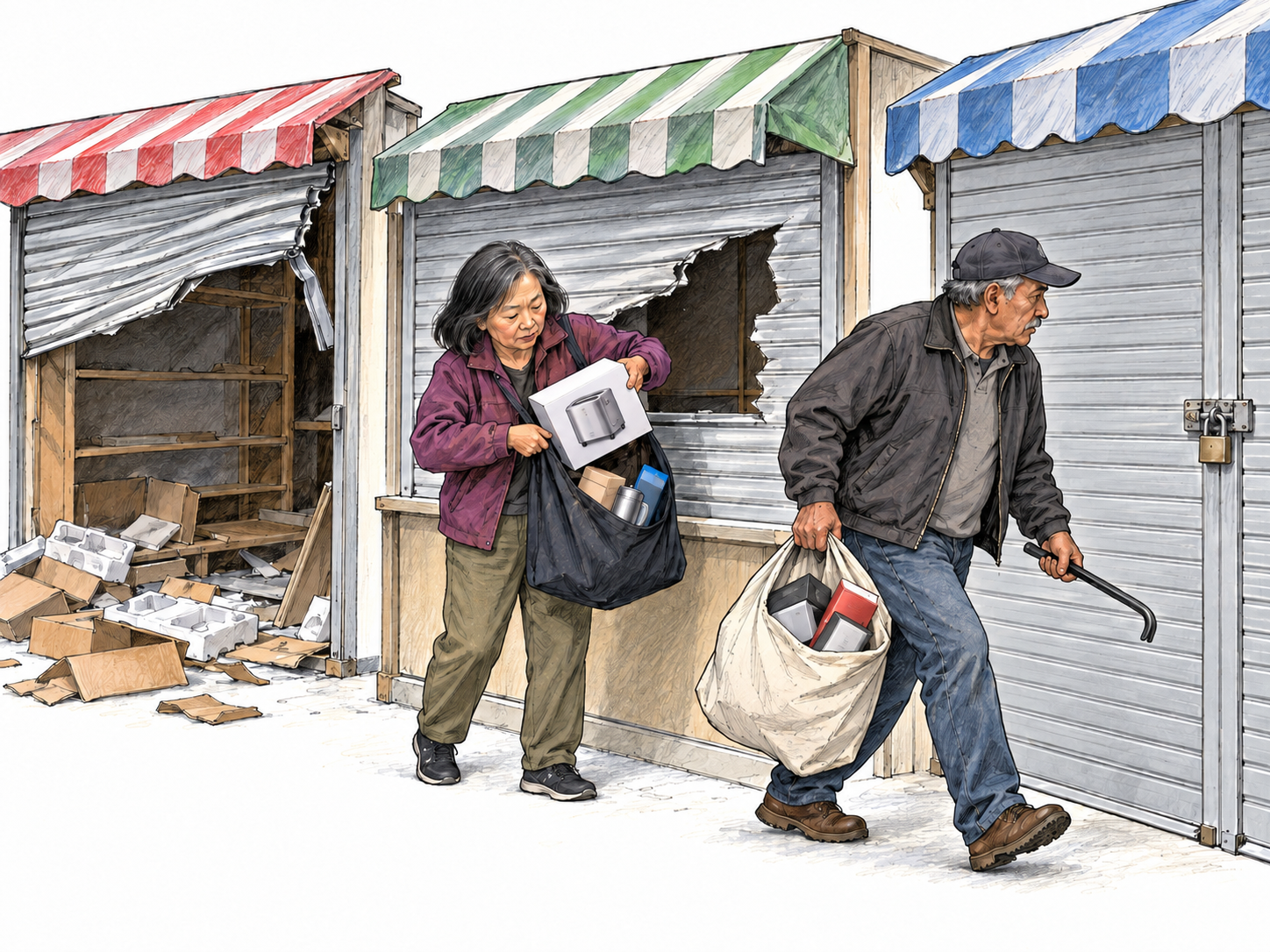 Two roaming looters move along a short row of market stalls, leaving one ransacked stall behind while stealing from the next and scanning farther ahead.