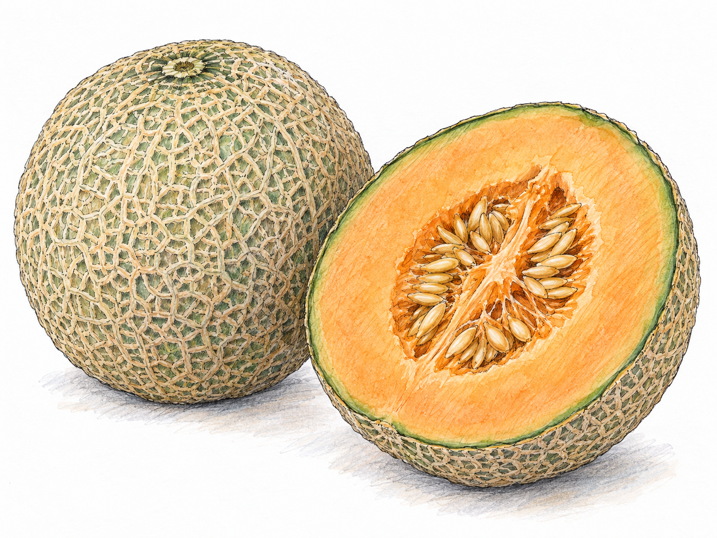 A whole round cantaloupe beside a cut half, clearly showing the netted rind, orange flesh, and central seed cavity.