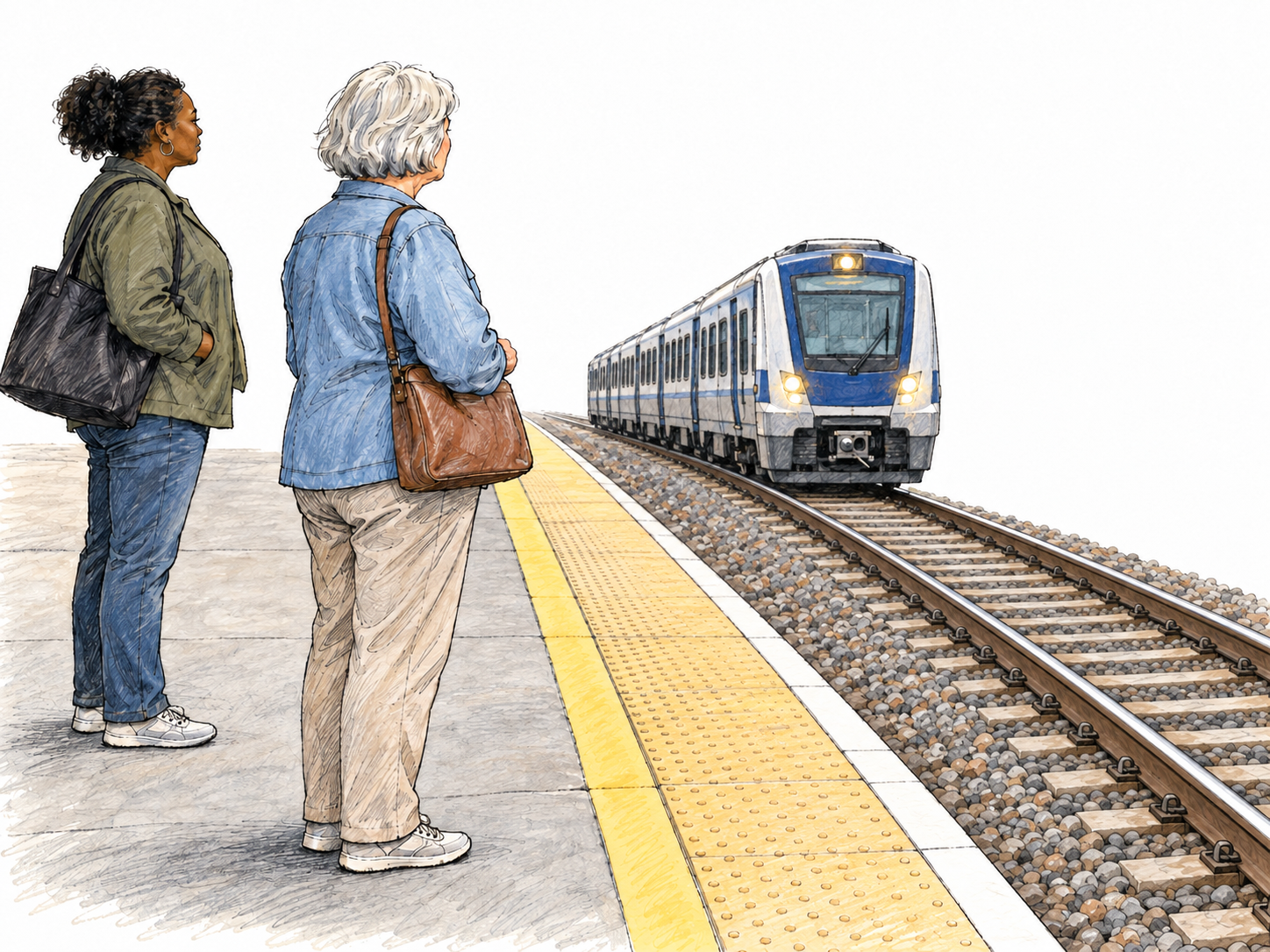 Two passengers wait behind a platform safety line as an approaching train remains a short distance from the station, making its forthcoming arrival clear.