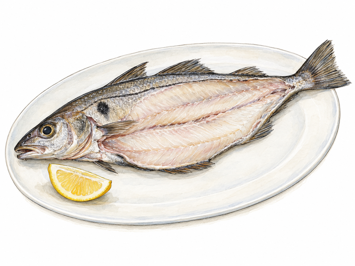 A small young haddock, cleaned and split open for cooking on a plain preparation platter, with its recognizable head, dark lateral line and shoulder spot retained.