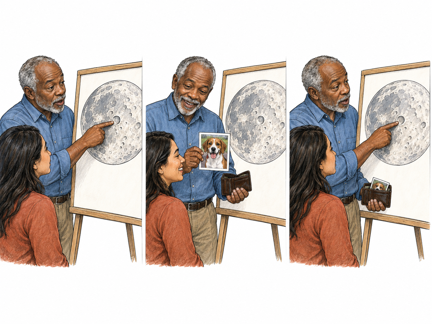 A three-moment lecture sequence shows a speaker explaining the Moon, briefly interrupting himself to share a personal dog photograph, then returning to the same lunar diagram: a temporary departure from the main subject in speech.