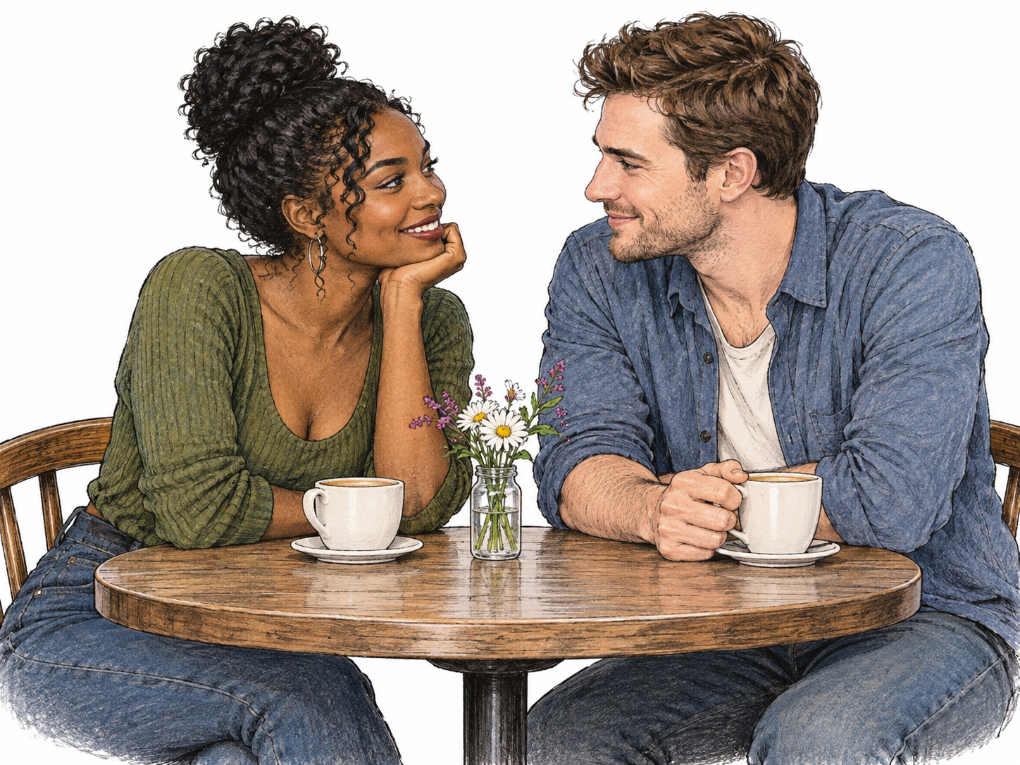 Two adults exchange playful mutually engaged smiles over coffee, one leans forward with amused eye contact, relaxed respectful body language, no hearts or text.