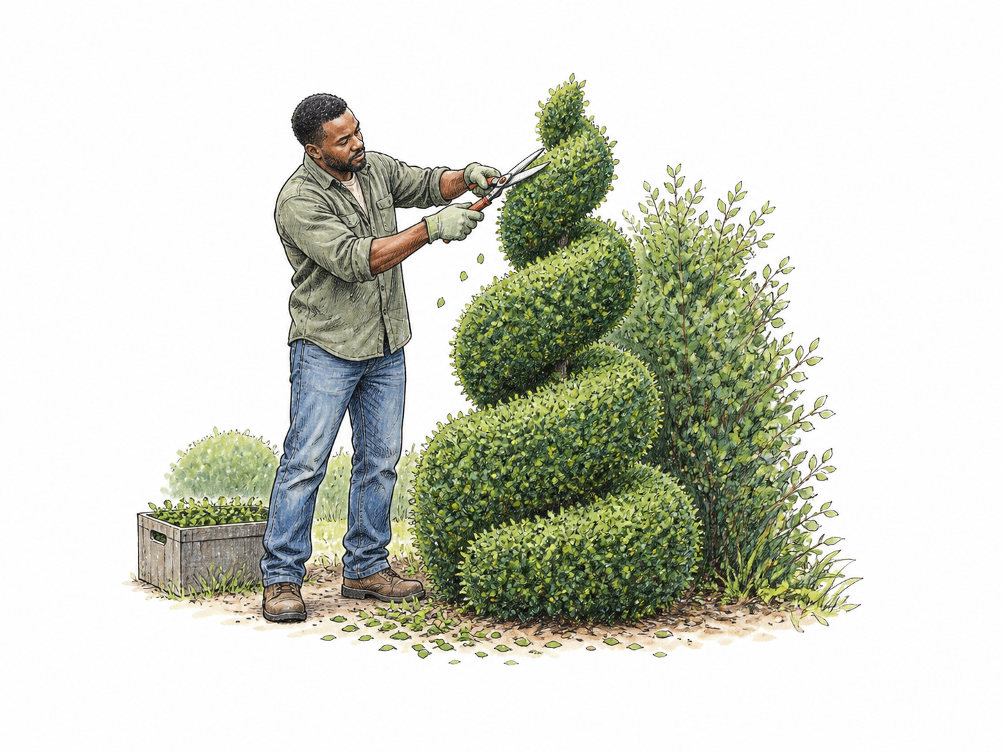 Gardener trims a living green shrub into a clear spiral shape with handheld pruning shears, both natural untrimmed edge and finished spiral visible; art of topiary, no ornamental writing.
