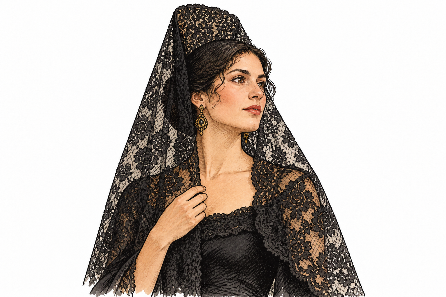 Spanish woman wearing delicate black lace mantilla over head and shoulders.