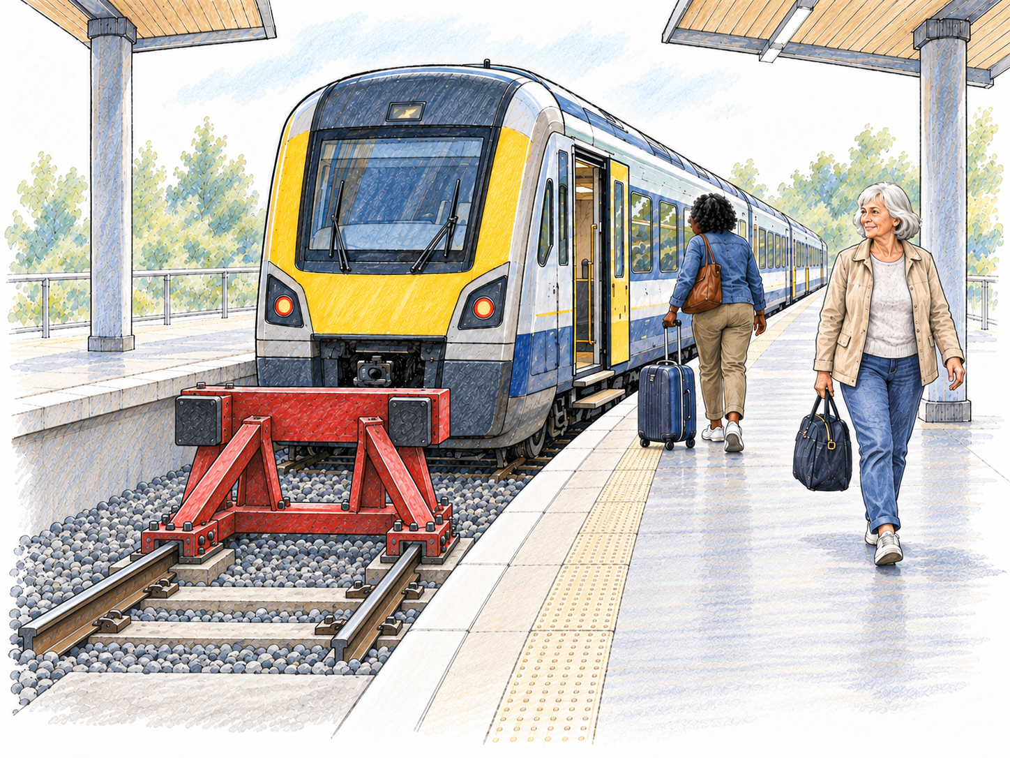 An open-sided view of a railway terminal: a passenger train stands beside a platform inside a station hall, with its track visibly ending at a buffer stop.