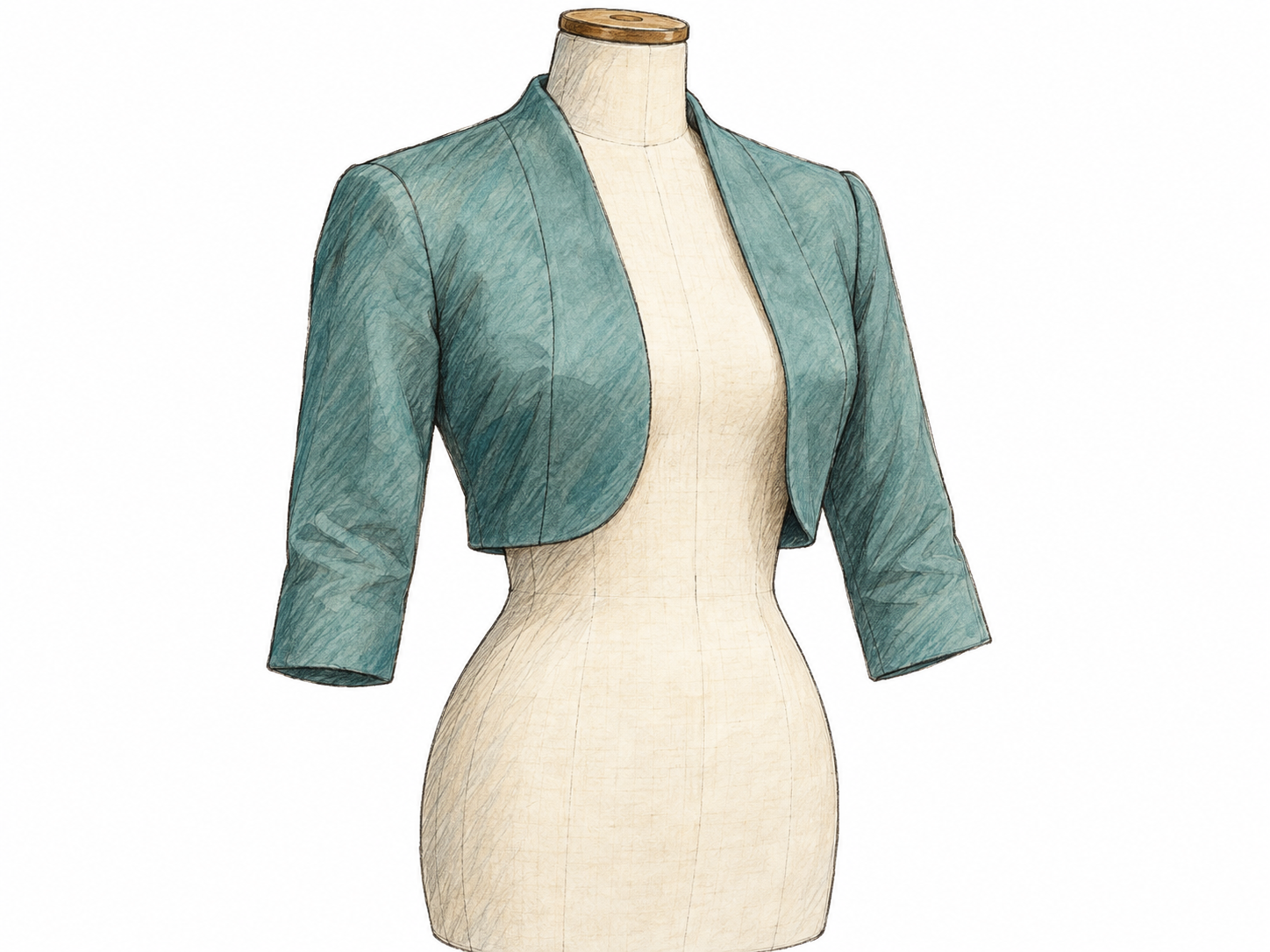 A single bolero jacket displayed on a plain torso dress form, with its cropped hem visibly above the form’s natural waist.