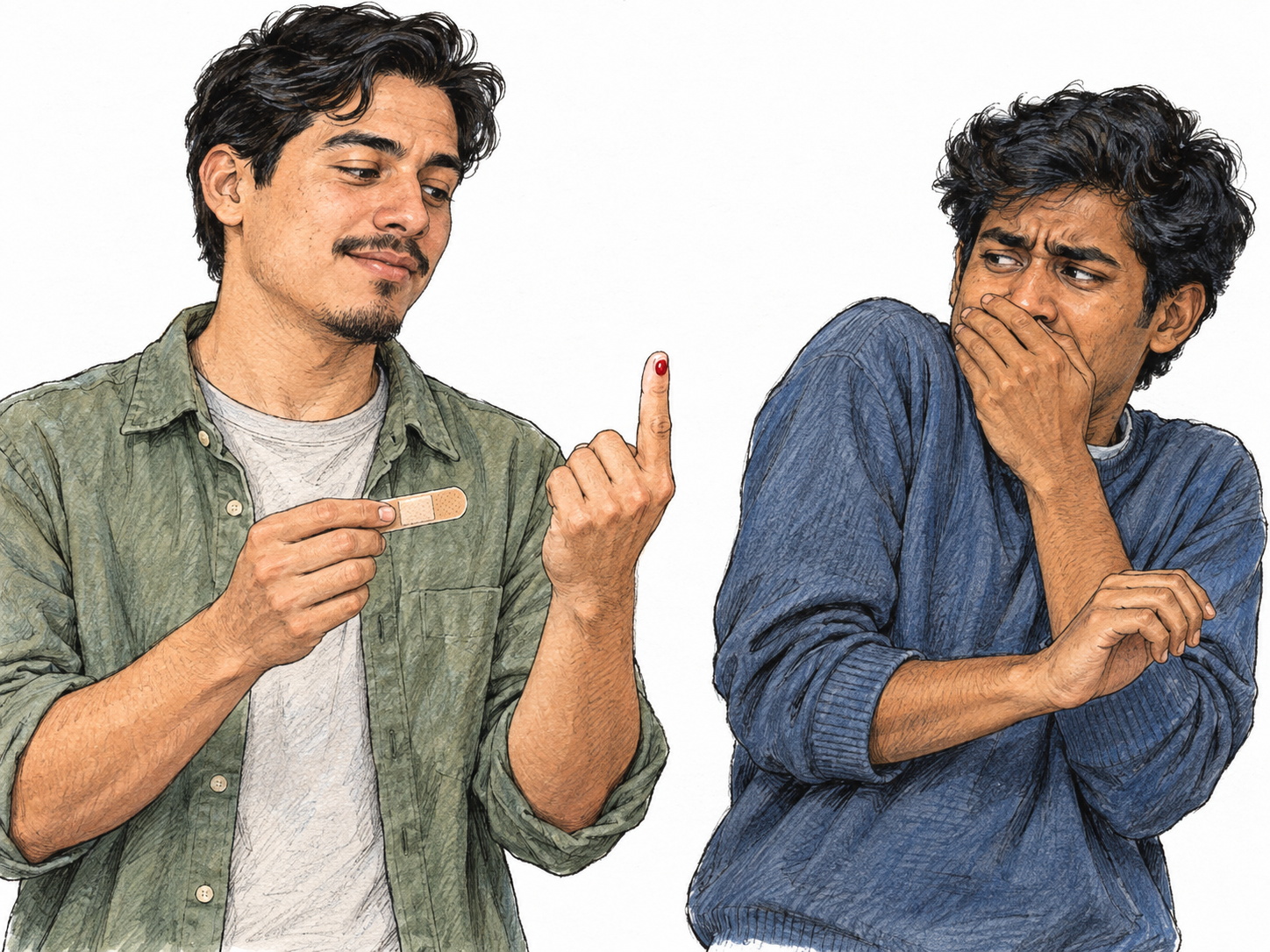 A young man recoils at the sight of a friend's tiny bleeding fingertip, covering his mouth and turning his face away while the friend calmly holds a bandage.