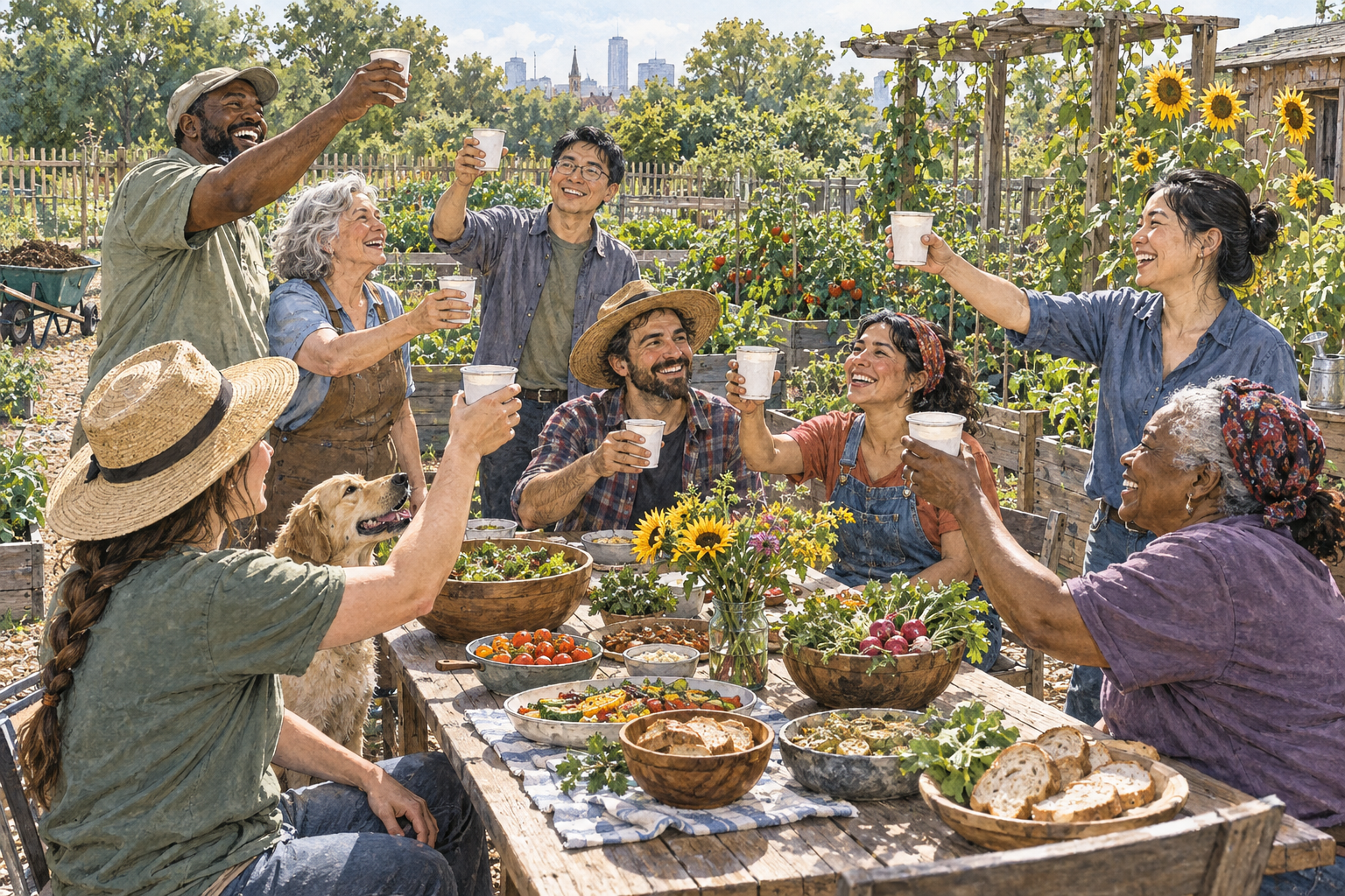 Friends joyfully celebrate a completed community garden by sharing food and raising plain cups, warm spontaneous happiness, no banners.