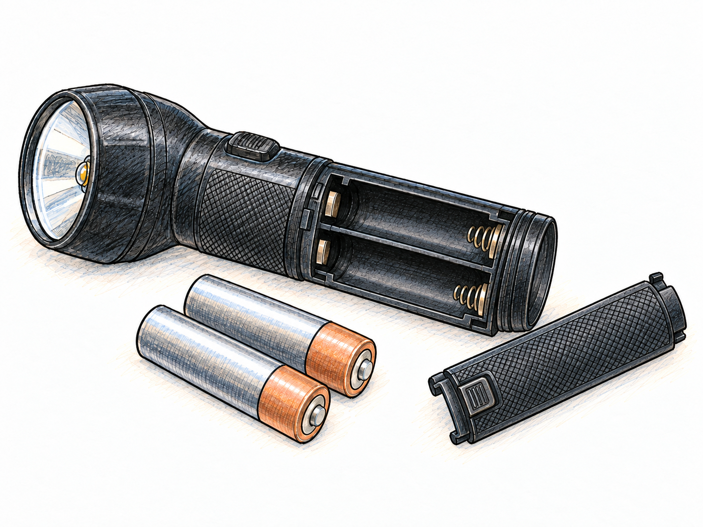 A flashlight needs batteries to work: its open, visibly empty battery compartment faces two matching batteries ready to be inserted.