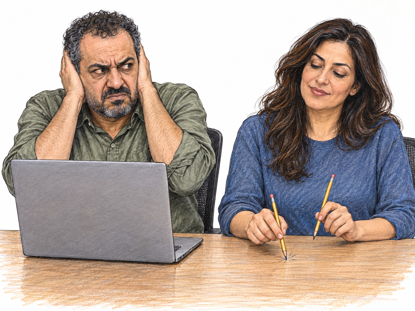 A man trying to work is intensely irritated by a nearby colleague noisily drumming on the shared desk with two pencils; he clamps his hands over his ears and glares at her.