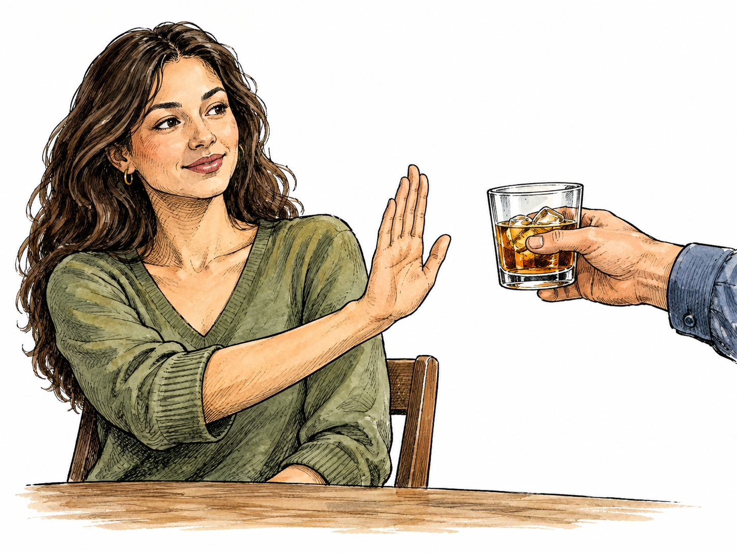 A woman politely holds up palm declining an offered drink.