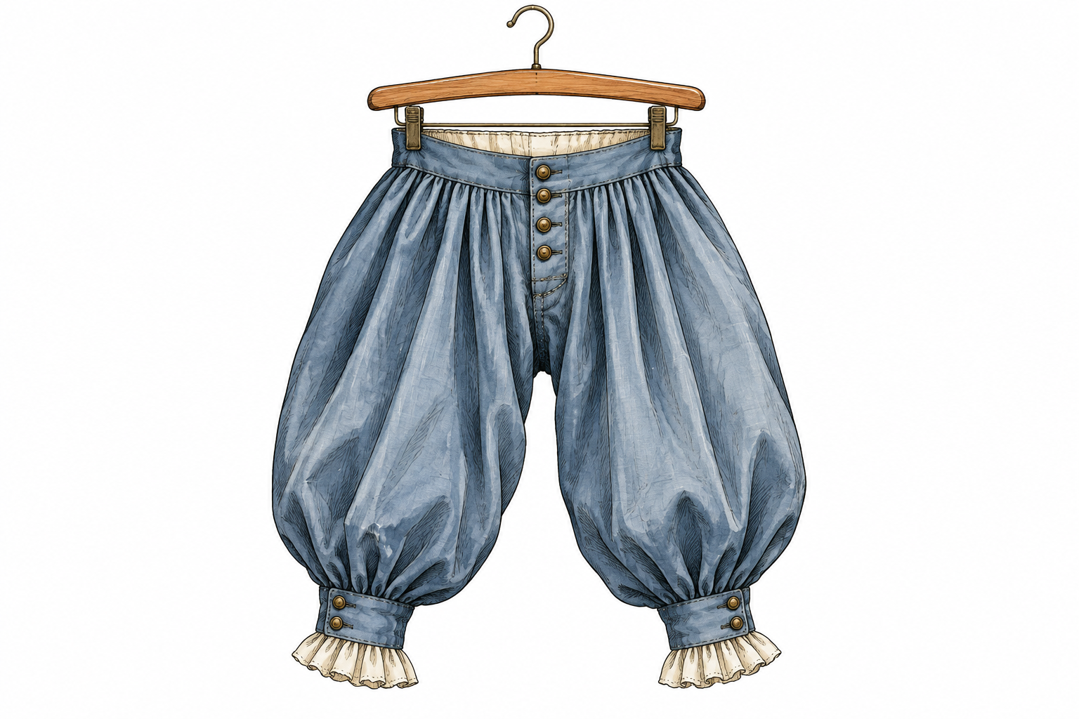 A pair of old-fashioned loose pantaloons displayed on a wooden hanger, clear garment construction.