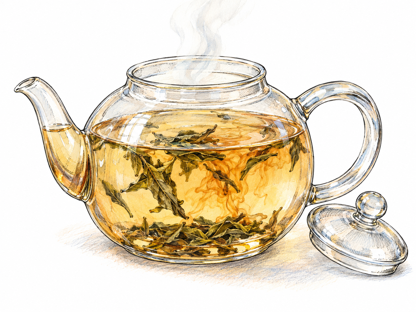 A clear glass teapot holds loose tea leaves soaking in hot water, with amber color visibly diffusing around the submerged leaves and gentle steam rising from the open top.