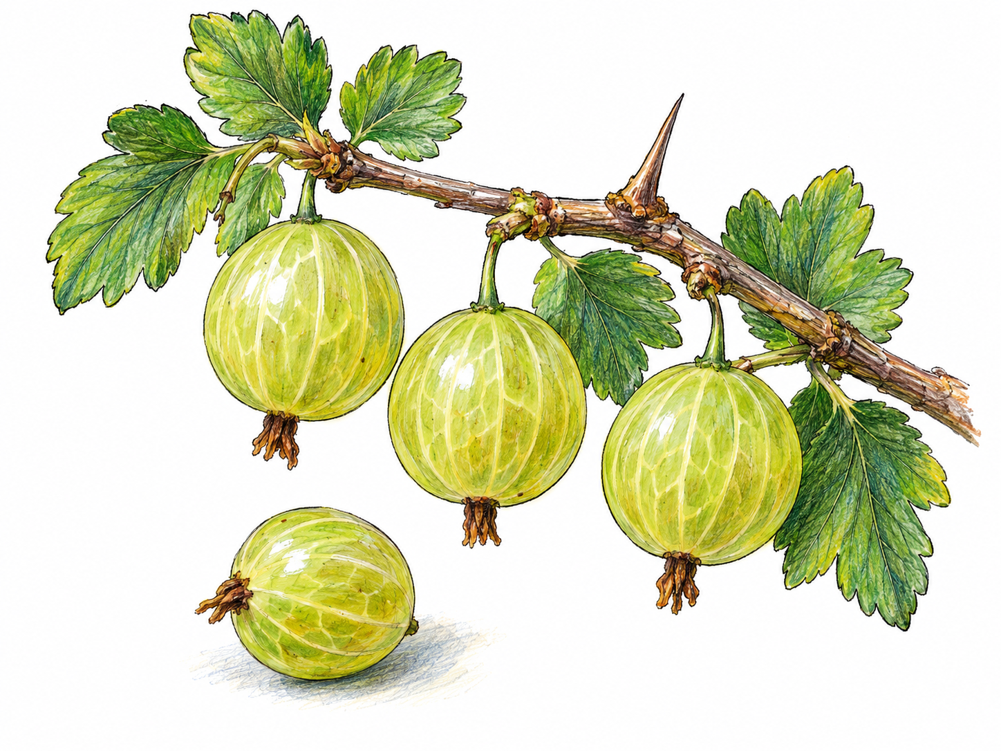 Close natural-history view of a short gooseberry twig carrying three round pale green translucent gooseberries on short individual stalks.