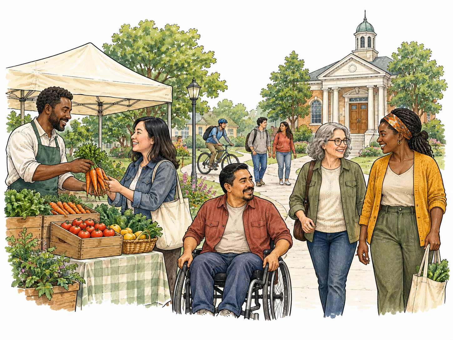 A compact organized community scene shows neighbors at market, shared path and small civic building, everyday people living together, no signage.