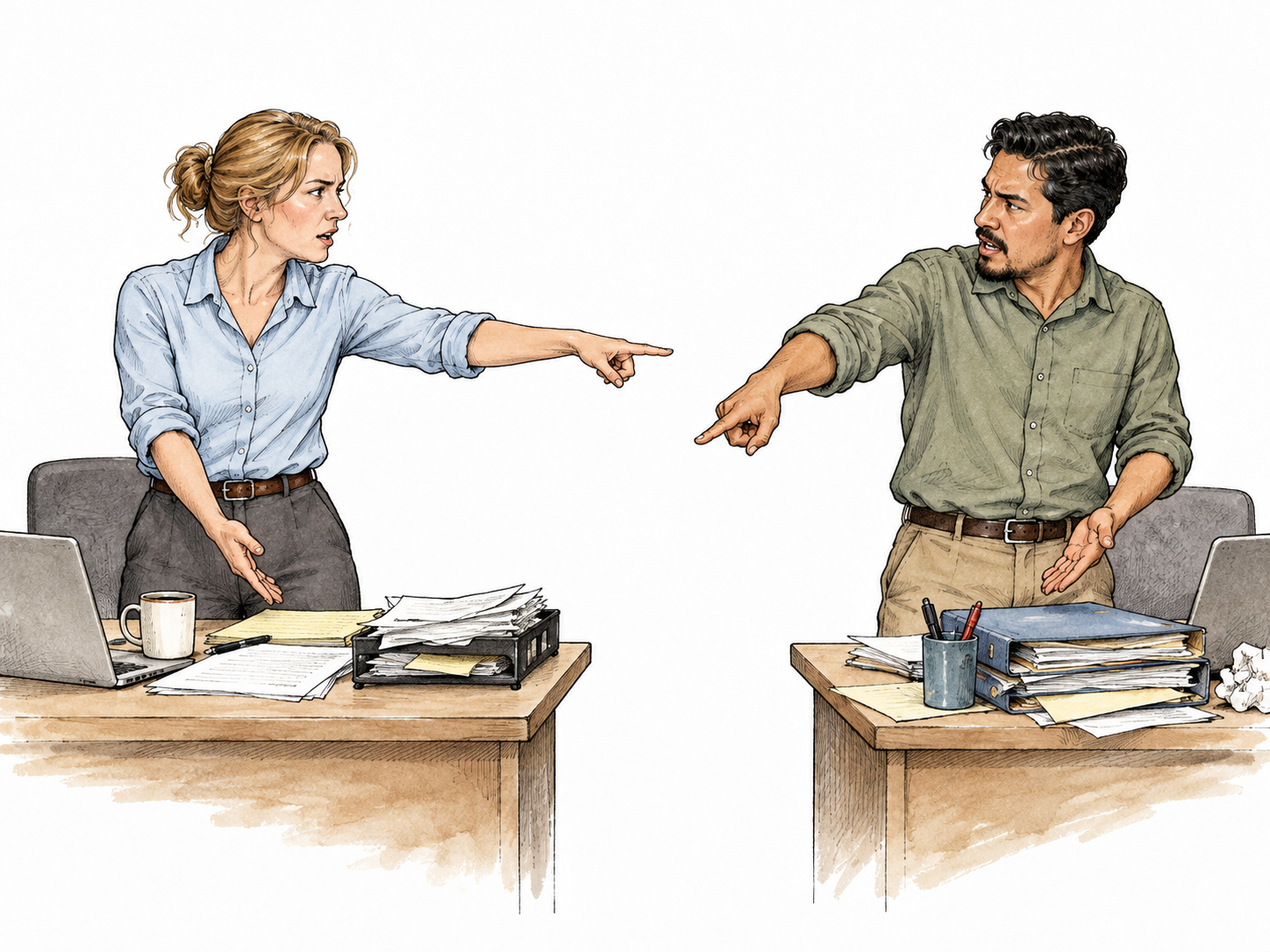 Two adult coworkers, white woman and Latino man, point back at each other's separate unfinished tasks.