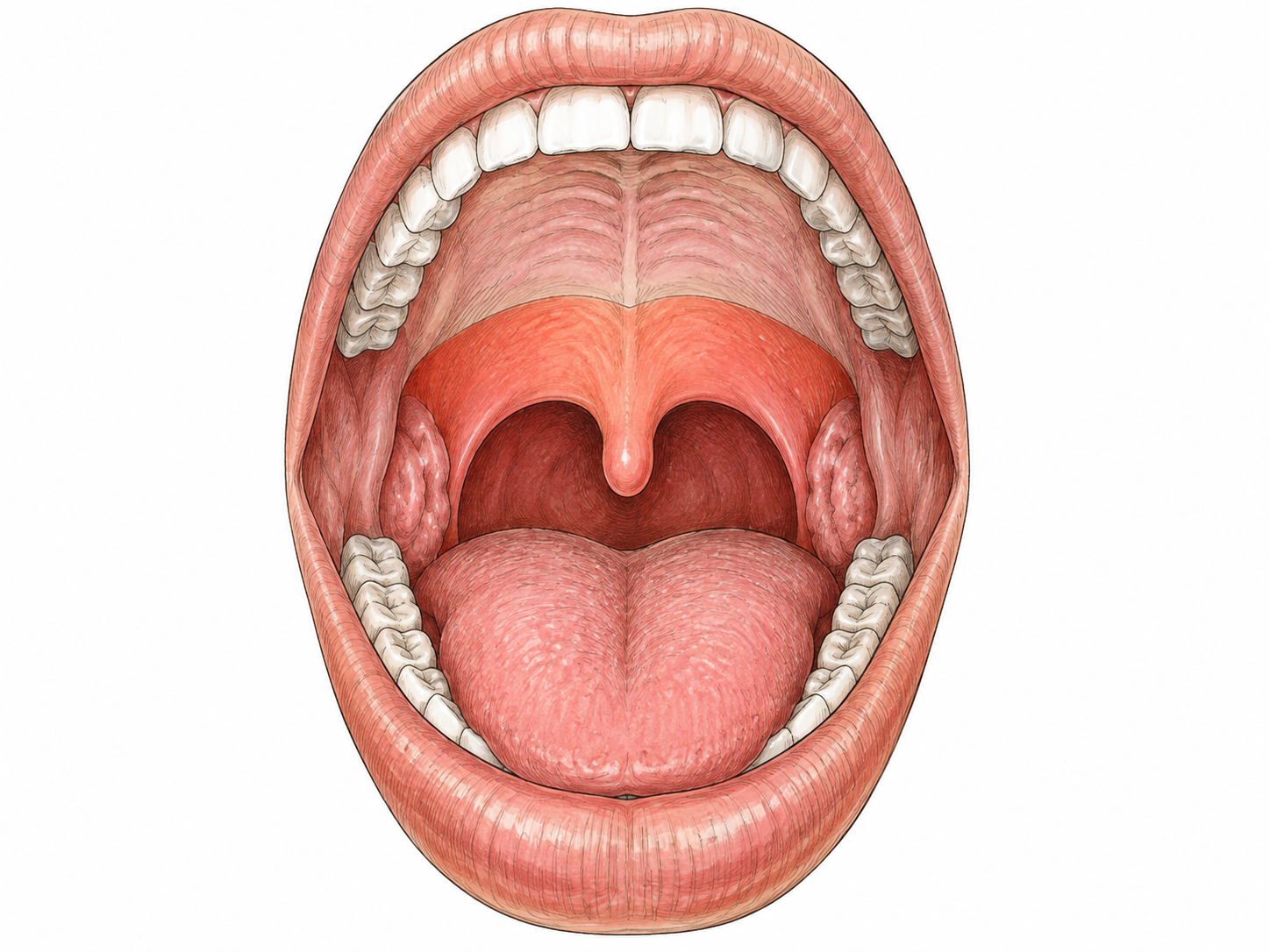 Front view into open adult mouth, tongue lowered.