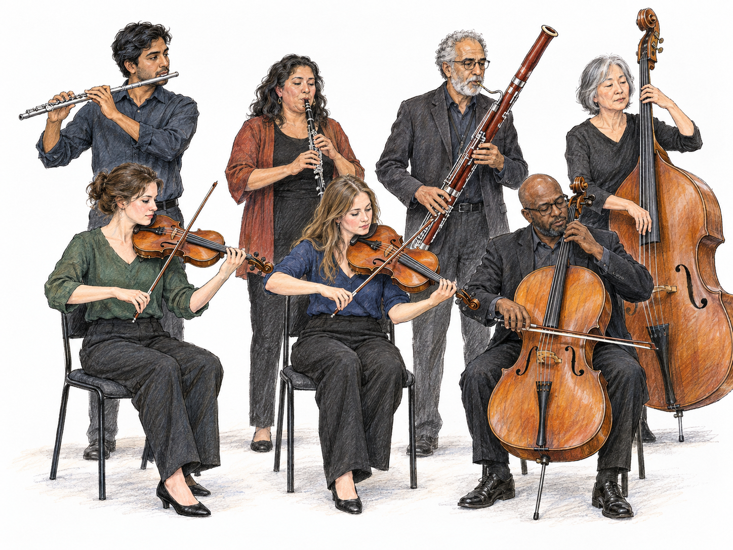 Exactly seven musicians form a compact chamber septet, each clearly visible with a different instrument: violin, viola, cello, double bass, flute, clarinet and bassoon.