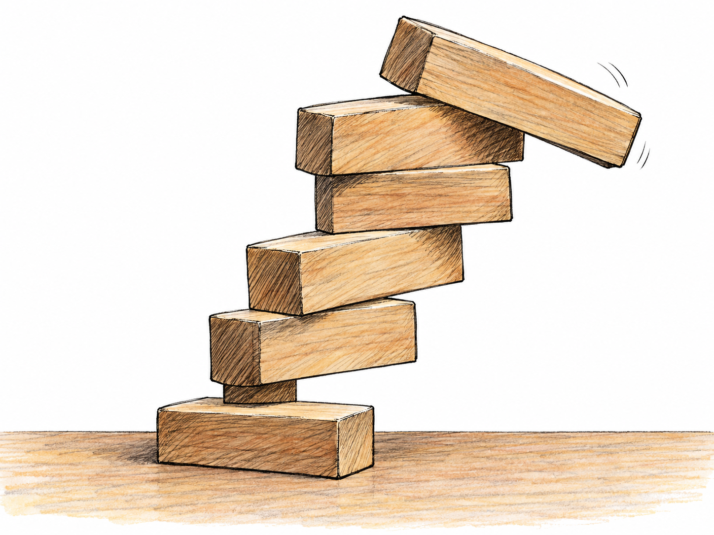 A precarious tower of wooden blocks leans sharply because its upper layers overhang a narrow, off-center base, with one block visibly slipping out.
