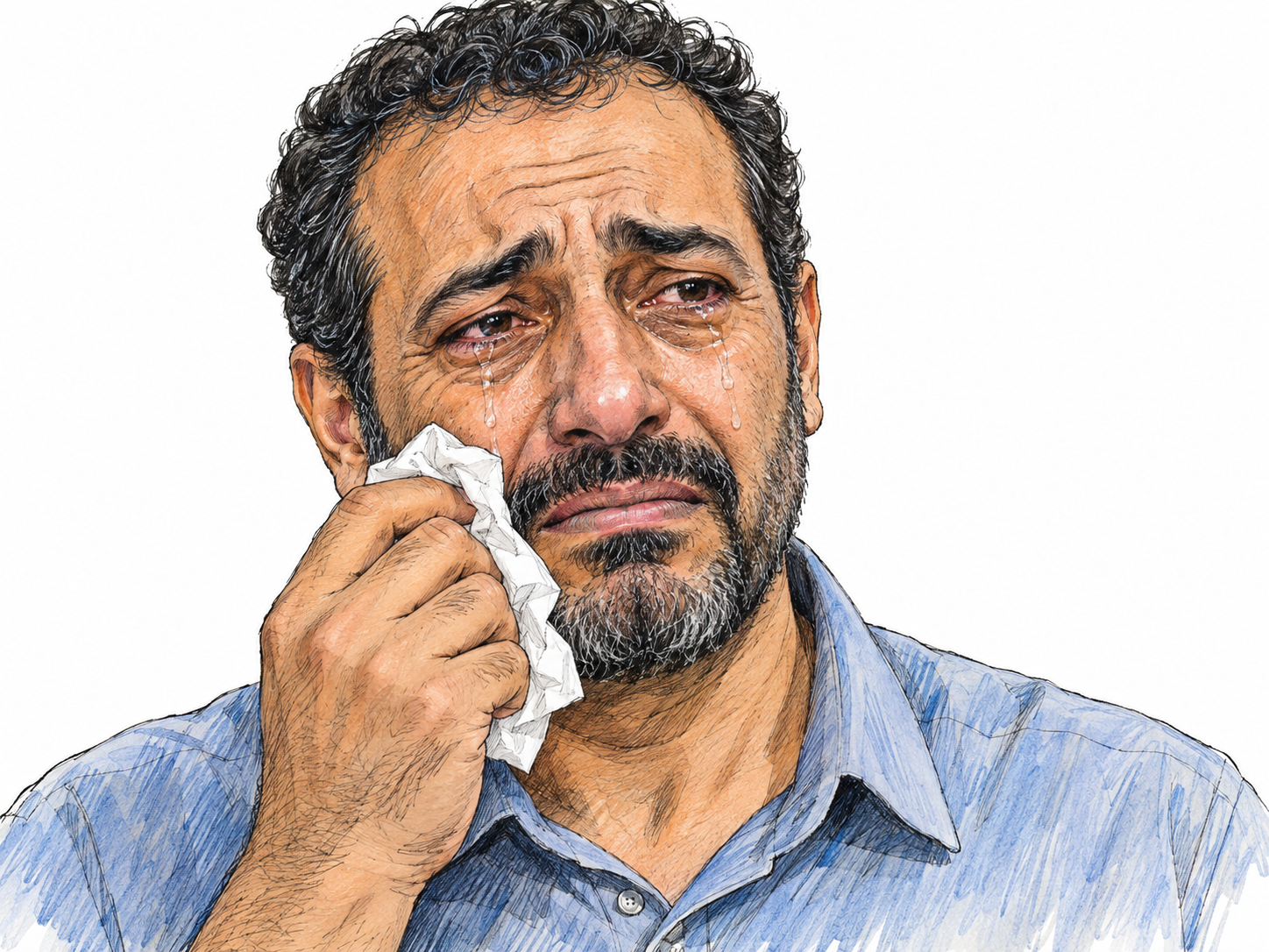 A close view of a middle-aged man visibly crying, with tears spilling from both eyes and running down his cheeks as he holds a tissue beneath one eye.