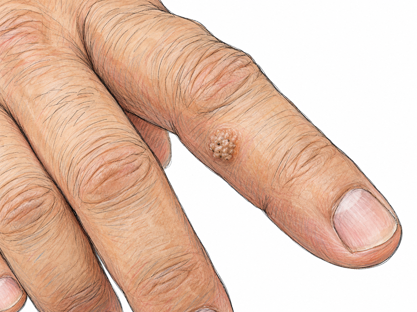 A close-up of a man's finger showing one small, raised, rough-surfaced common wart.