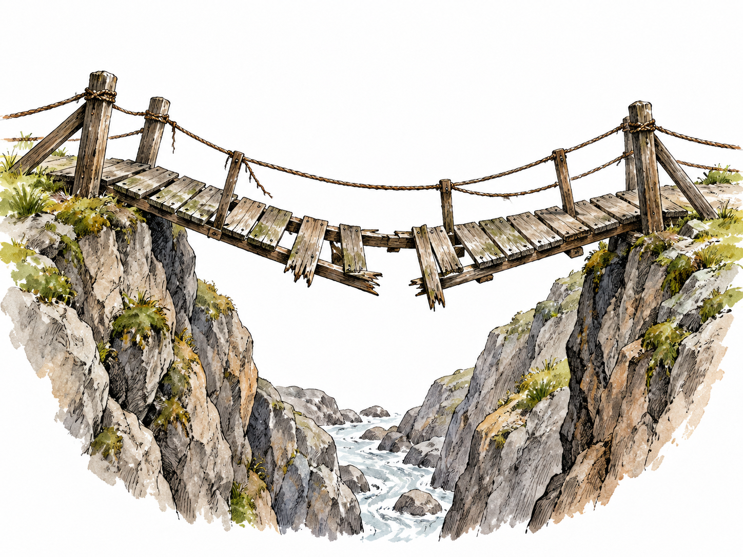 An old wooden footbridge with broken planks sags above a rocky gorge, visibly precarious without anyone attempting crossing.