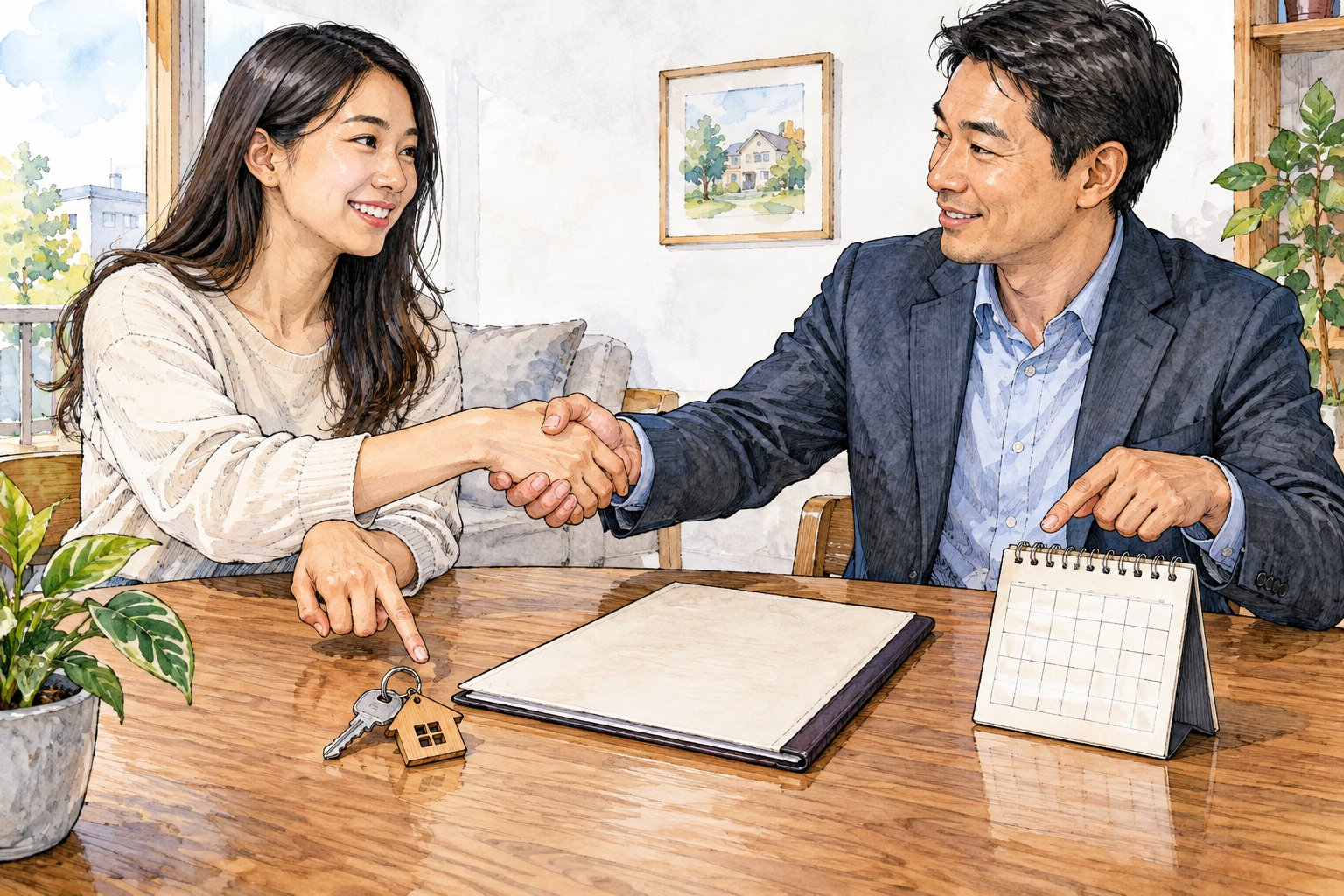 A tenant and landlord shake hands over a plain agreement folder while pointing to a key and small calendar with no numerals, binding responsibility shown.