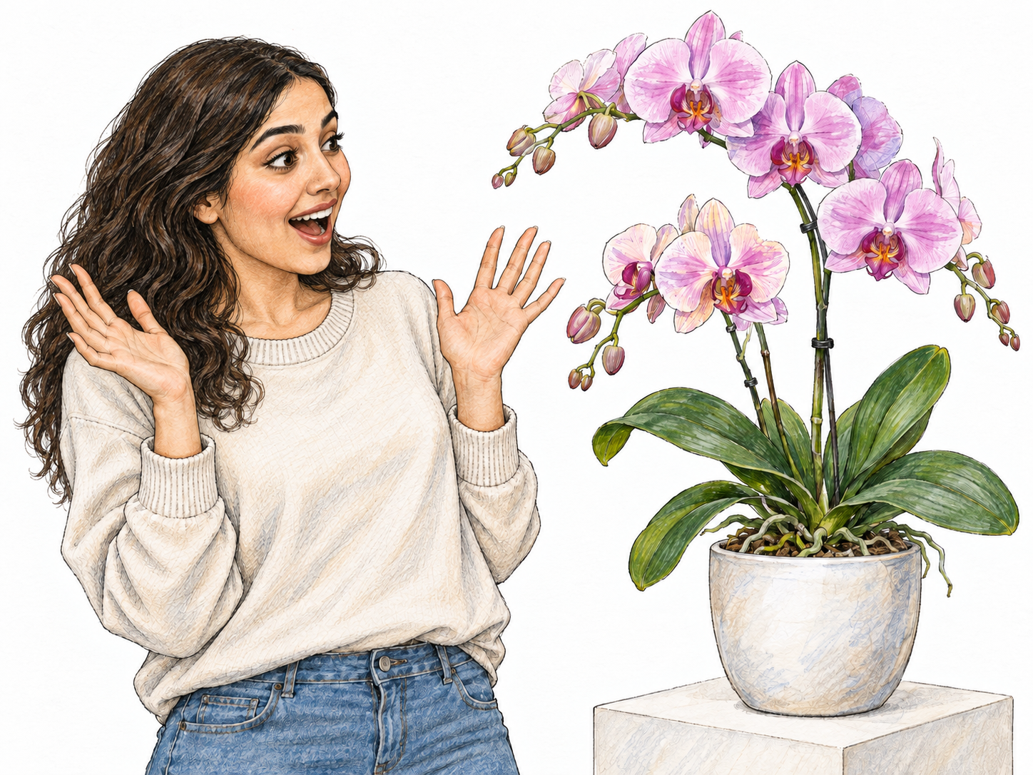 A young woman reacts with delighted amazement to a spectacular flowering plant, leaning back slightly with widened eyes, an open mouth, and raised hands.
