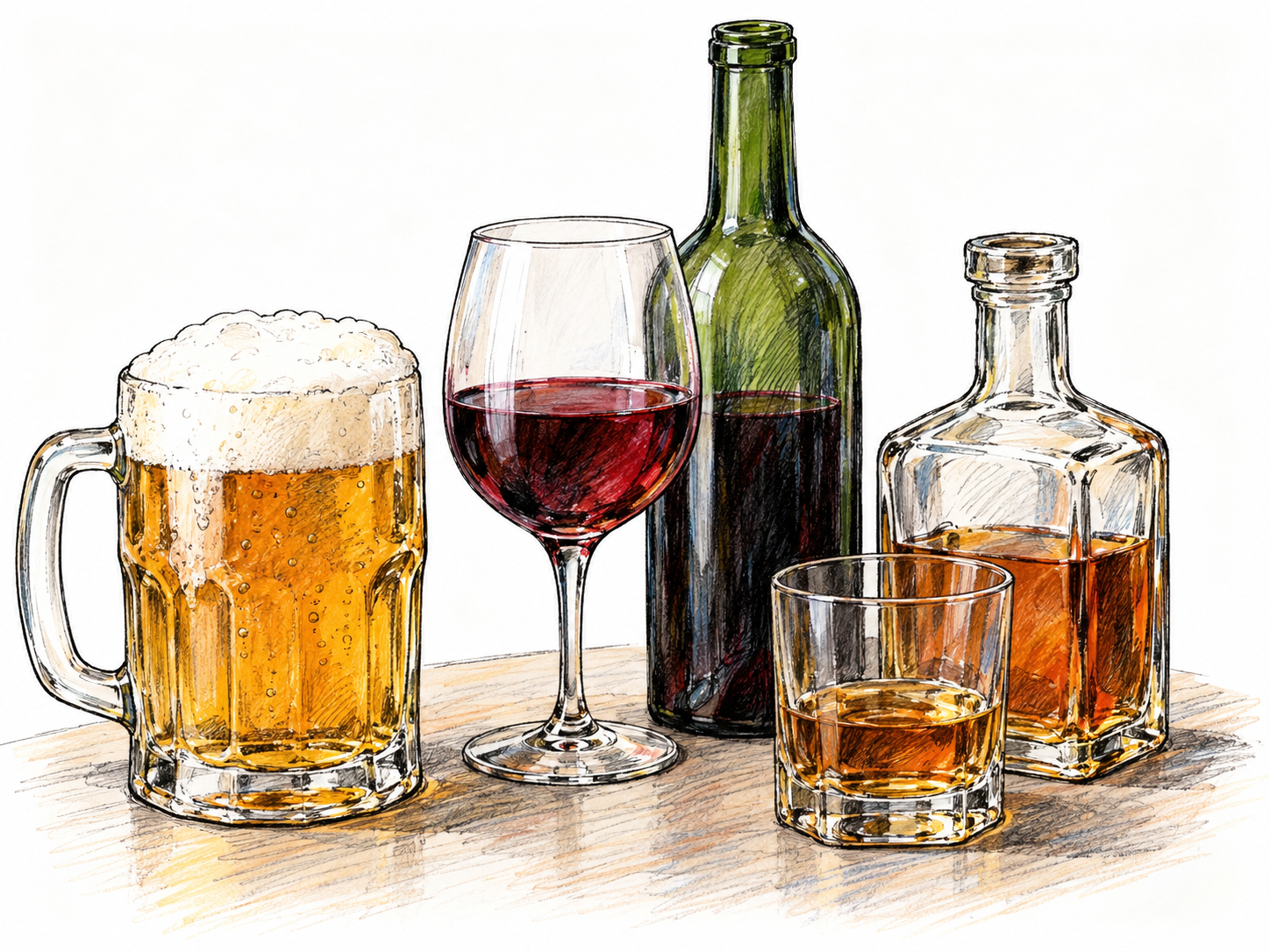 A casual tabletop grouping of recognizable alcoholic drinks: a foamy amber beer in a handled mug, red wine in a stemmed glass beside an open wine bottle, and amber spirits in a squat bottle beside a low tumbler.