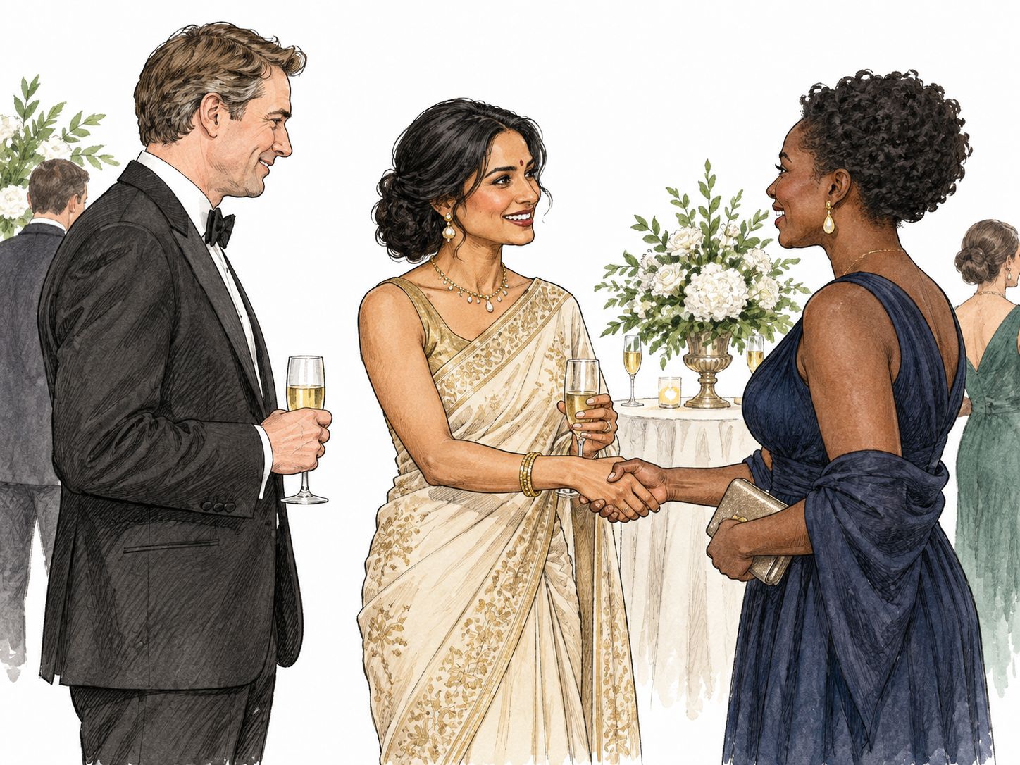 A well-dressed wealthy adult socialite greets guests at tasteful formal reception, elegant clothes and discreet jewelry, no brands or excess caricature.