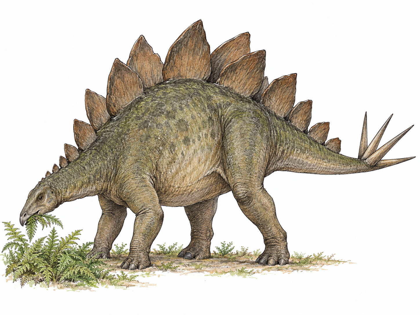 A full-body Stegosaurus browsing low ferns, with its small head, massive body, upright back plates and spiked tail clearly visible.