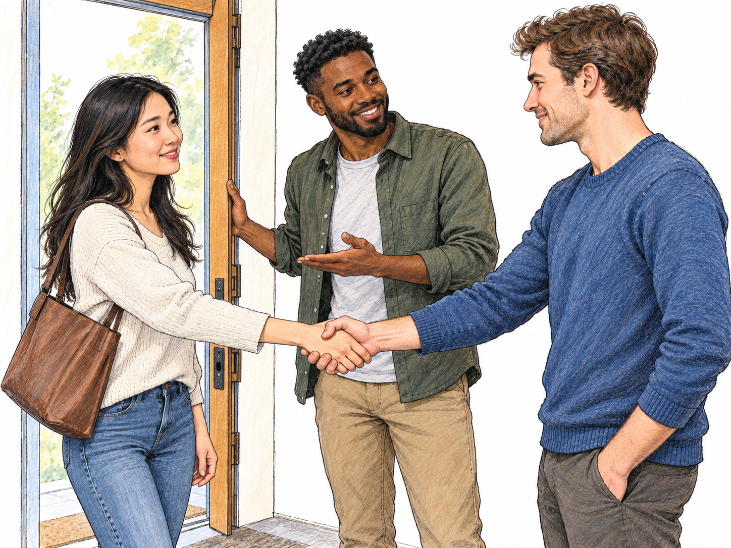 At an open doorway, a host ushers a newcomer inside and presents her to a waiting guest.
