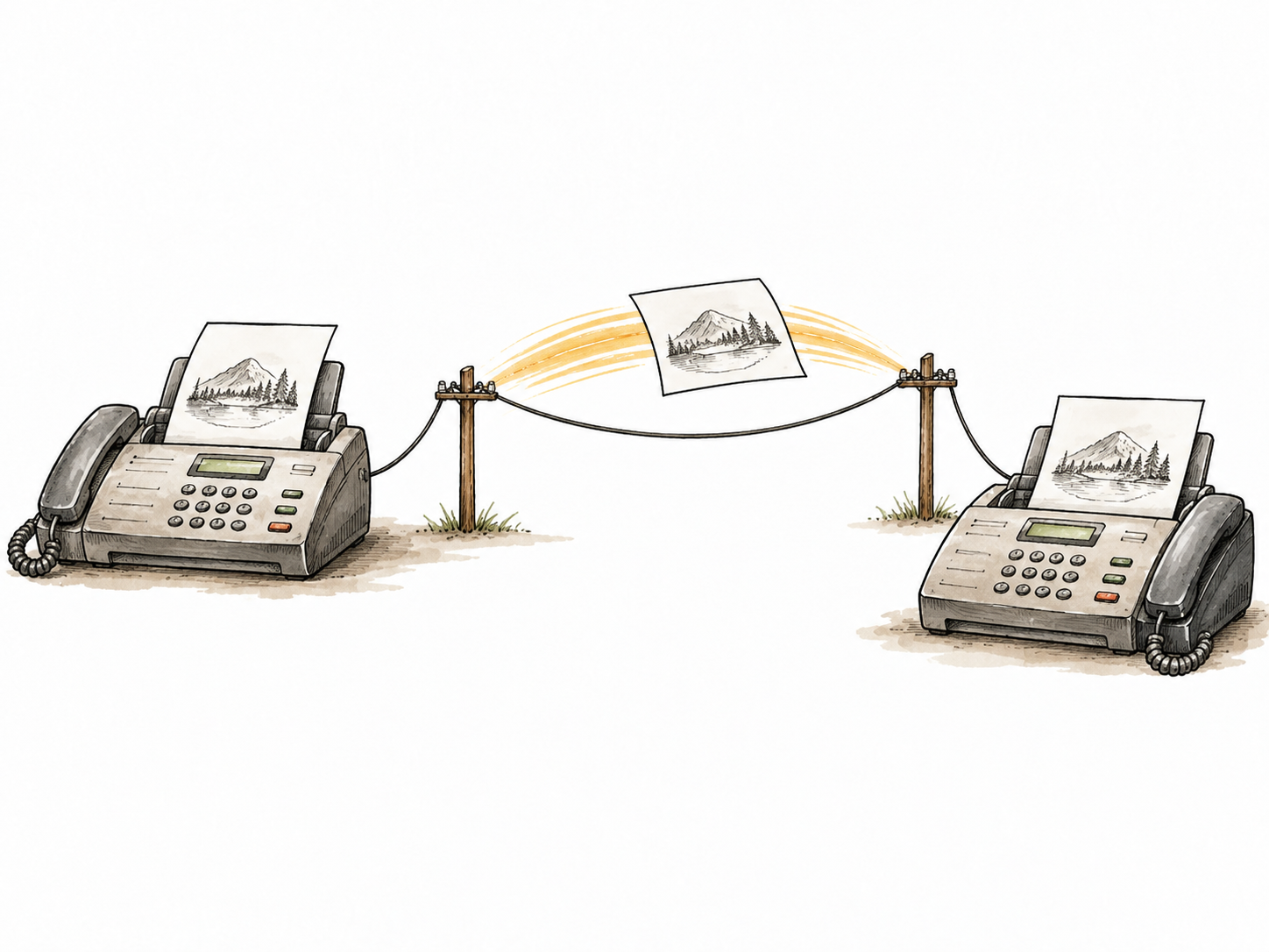 A fax machine sends a plain illustrated page to a second fax machine connected by a subtle telephone-line curve.