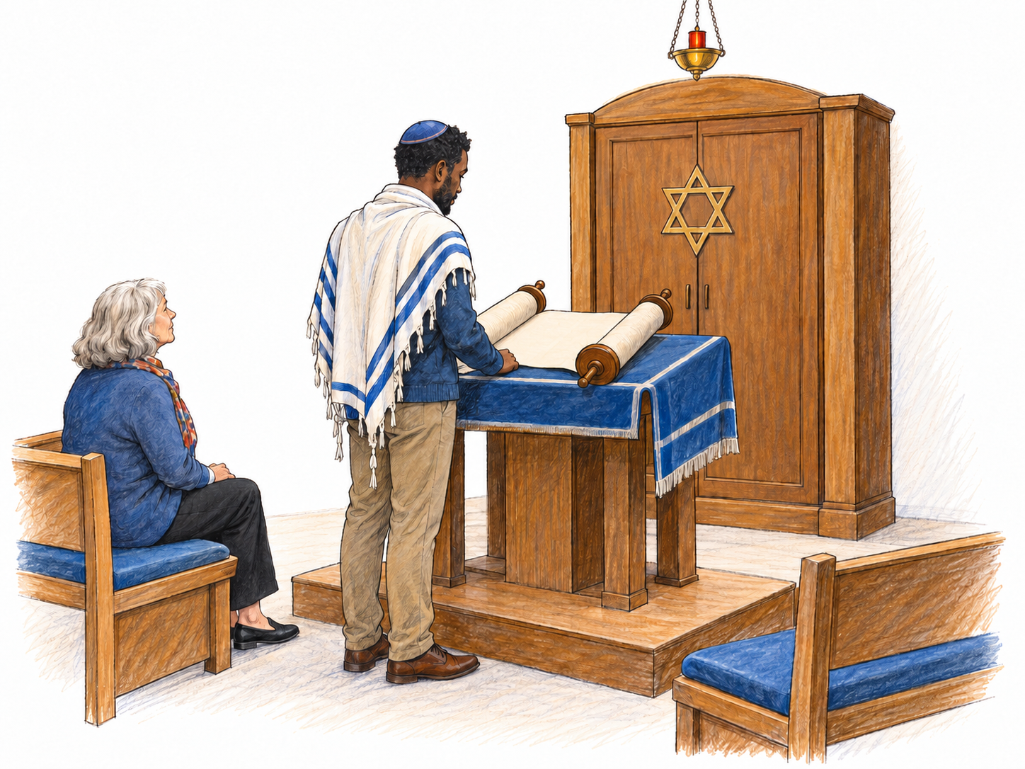 A spare view into a synagogue sanctuary: a Torah ark with a Star of David, a hanging eternal light, and a Torah scroll on the central reading table, with congregants gathered nearby.
