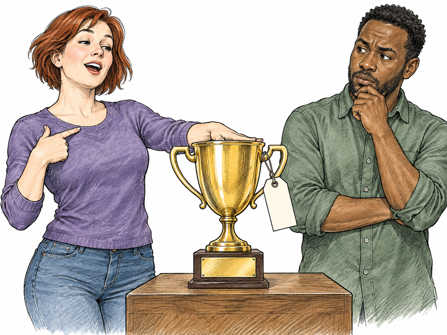 An adult points to a trophy and claims ownership of it while another person looks uncertain and an unsigned ownership tag remains blank; assertion without established proof, no written claim.